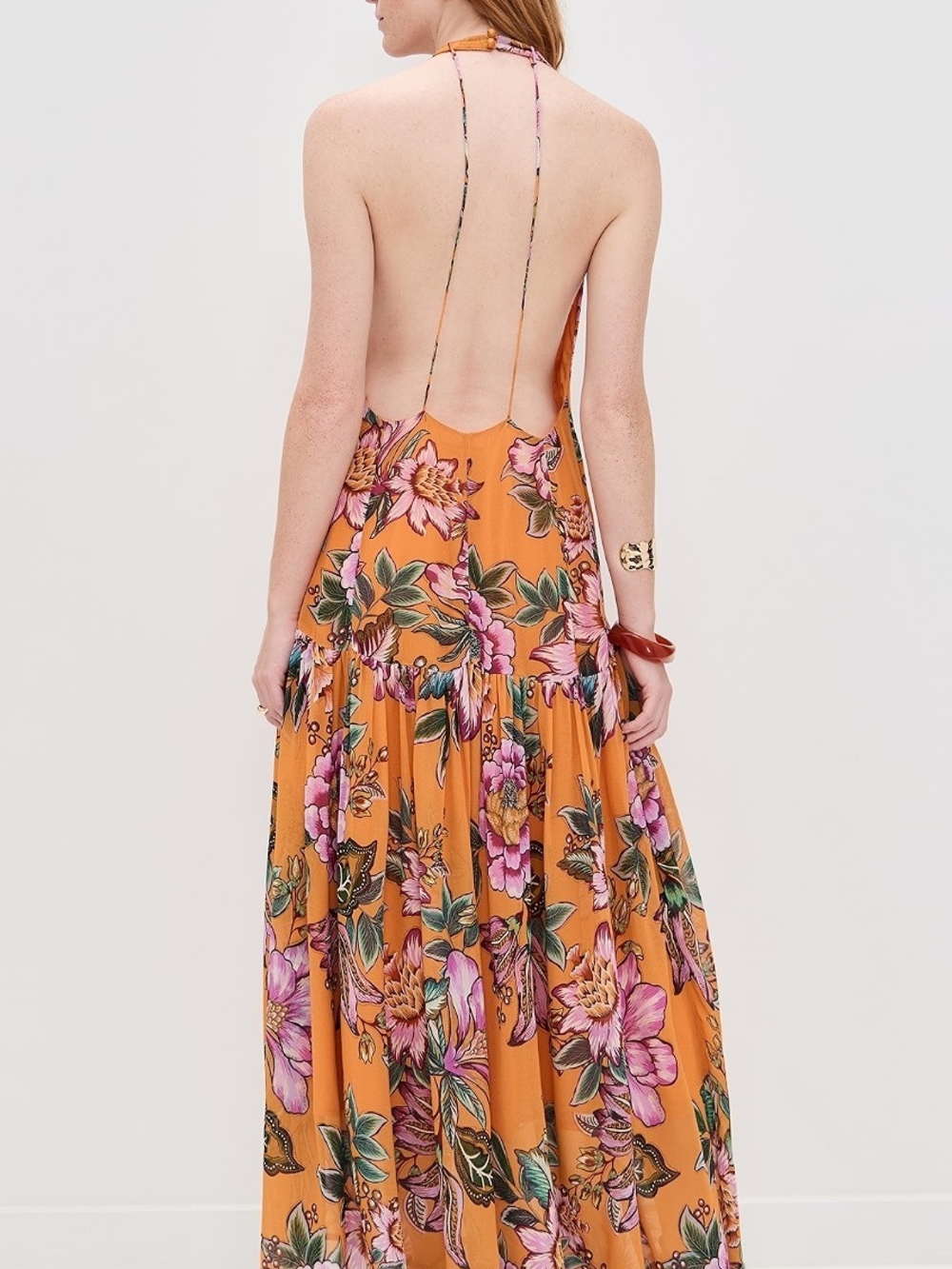 FARM Rio Mustard Floral Halter Maxi Dress with Pink Blooms
